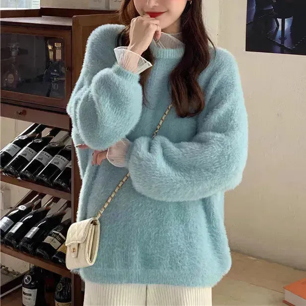 Autumn Winter Mink-like Wool Thick Plush Pullover Sweater for Women