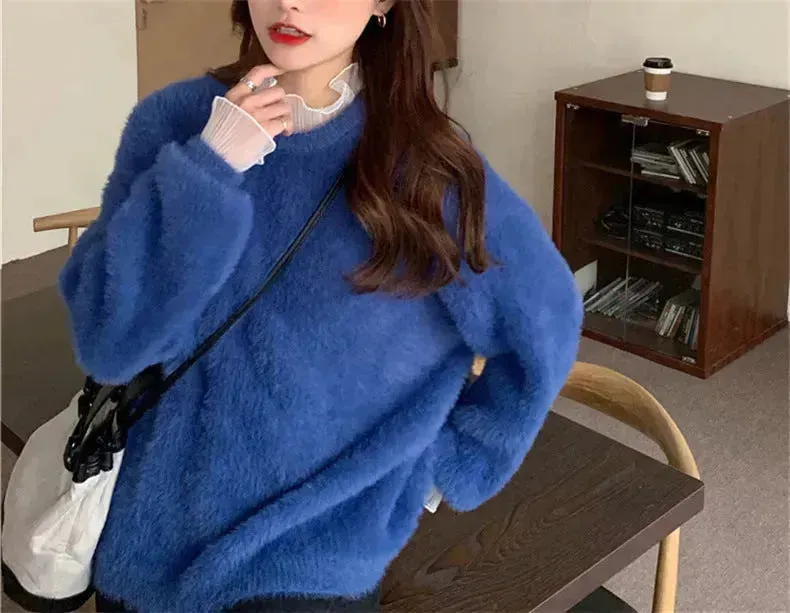 Autumn Winter Mink-like Wool Thick Plush Pullover Sweater for Women