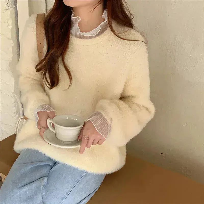 Autumn Winter Mink-like Wool Thick Plush Pullover Sweater for Women