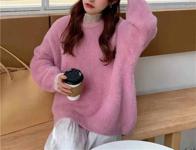 Autumn Winter Mink-like Wool Thick Plush Pullover Sweater for Women