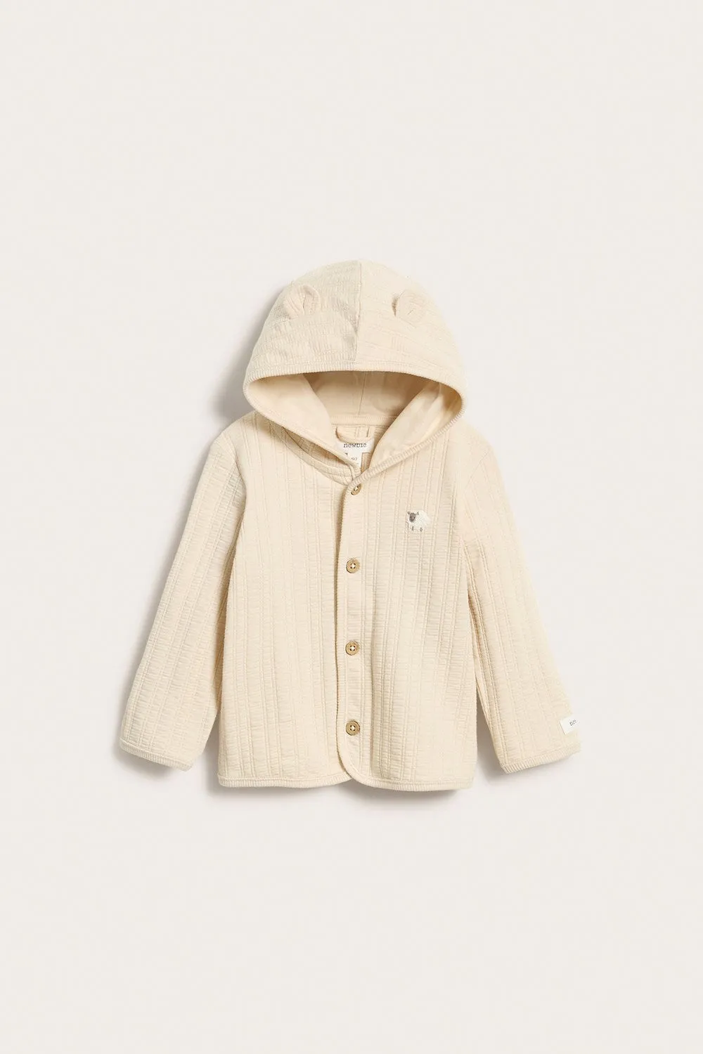 Baby beige quilted hood cardigan with lamb appliqué