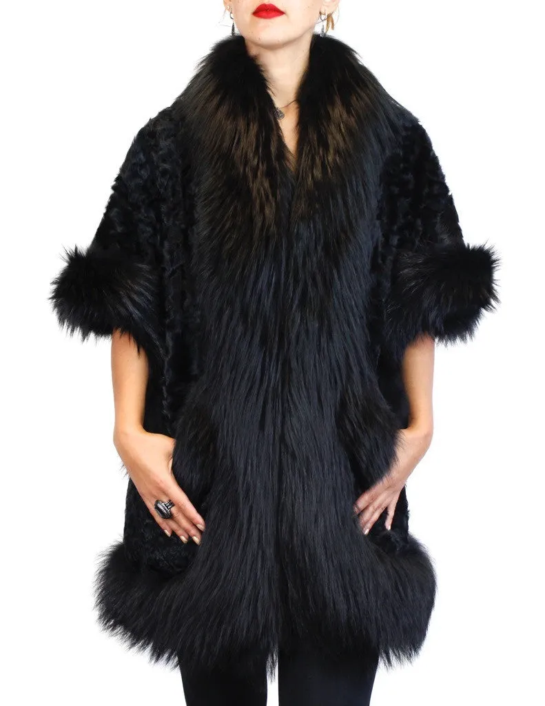 BLACK DYED KALGAN LAMB & FOX FUR TRIM SHORT-SLEEVED COAT