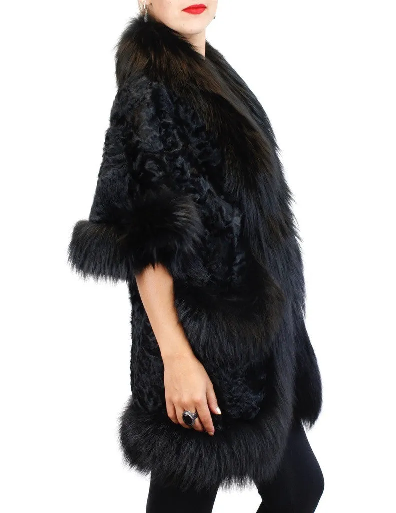 BLACK DYED KALGAN LAMB & FOX FUR TRIM SHORT-SLEEVED COAT