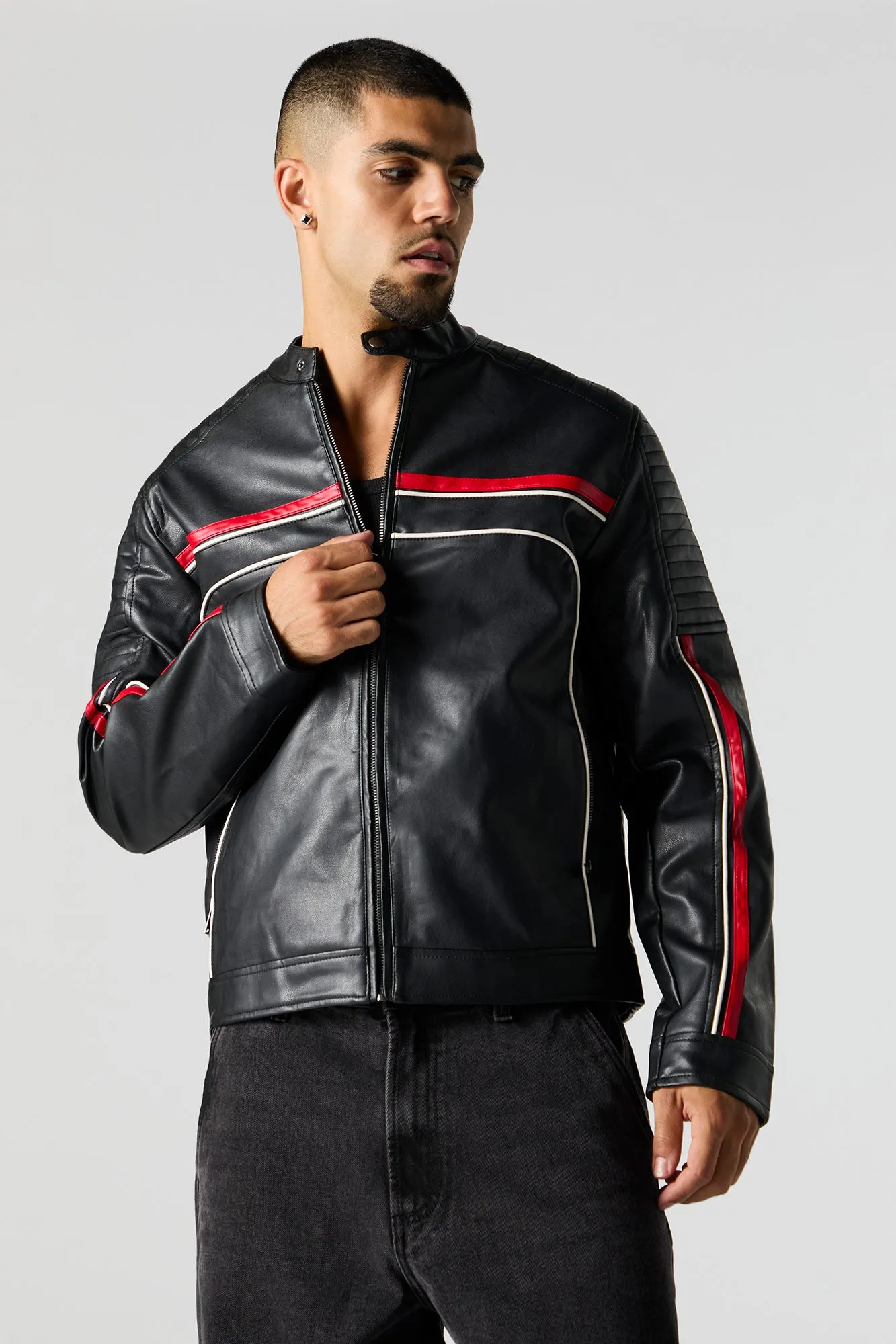 Blouson de style moto en similicuir contrastant