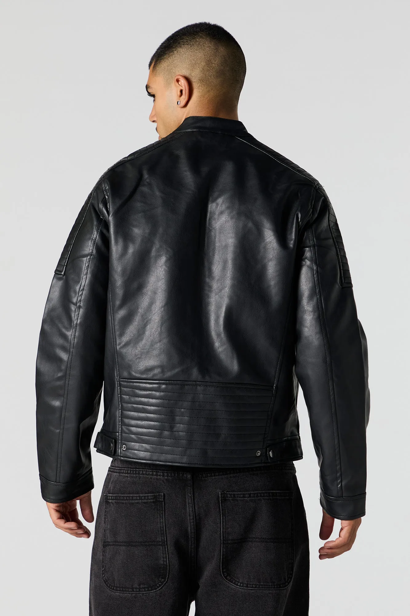 Blouson de style moto en similicuir contrastant