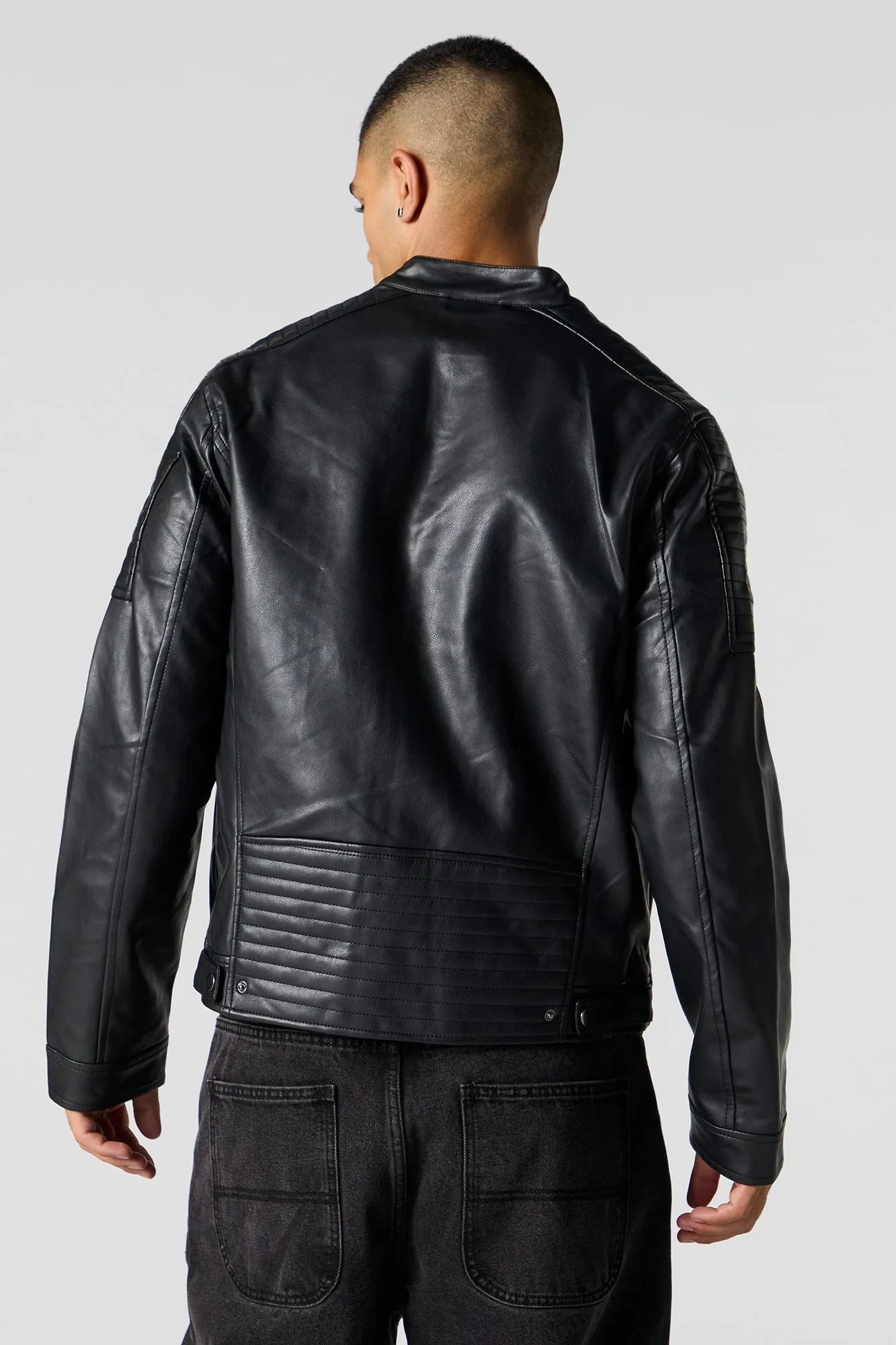 Blouson de style moto en similicuir contrastant