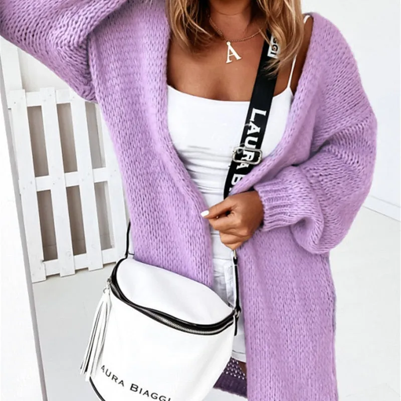 Fashionkova  Women Casual Long Sleeve Long Sweaters Tops 2022 Autumn Winter New Fashion Loose Cardigan Outwear Elegant Solid Knitted Sweater