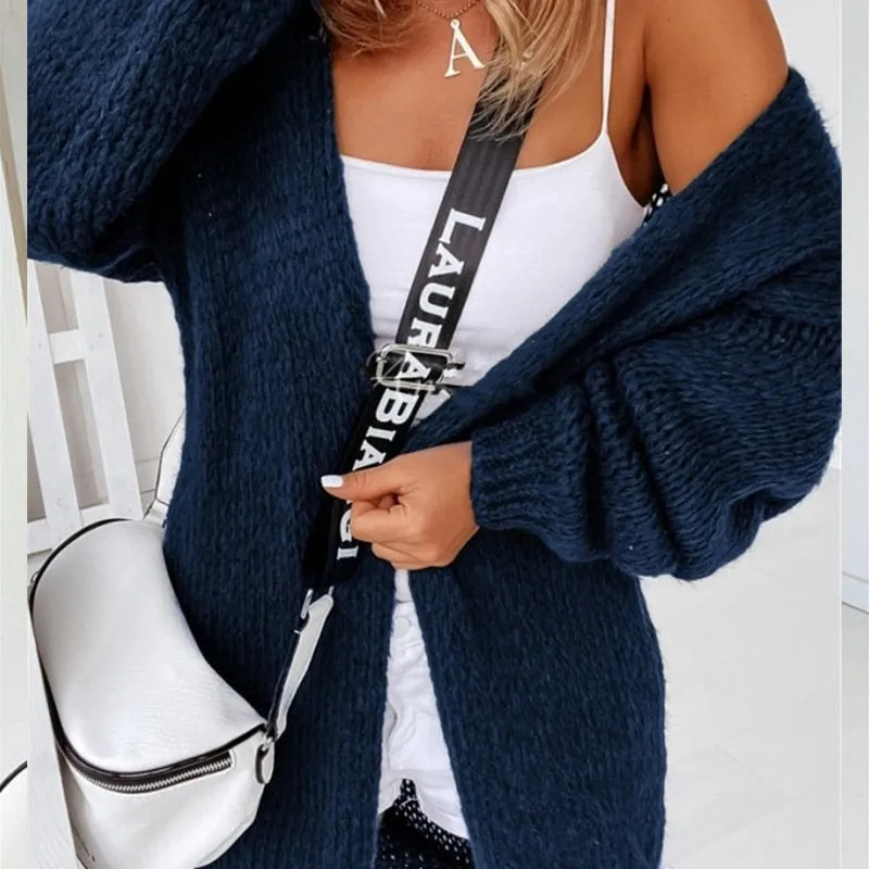 Fashionkova  Women Casual Long Sleeve Long Sweaters Tops 2022 Autumn Winter New Fashion Loose Cardigan Outwear Elegant Solid Knitted Sweater