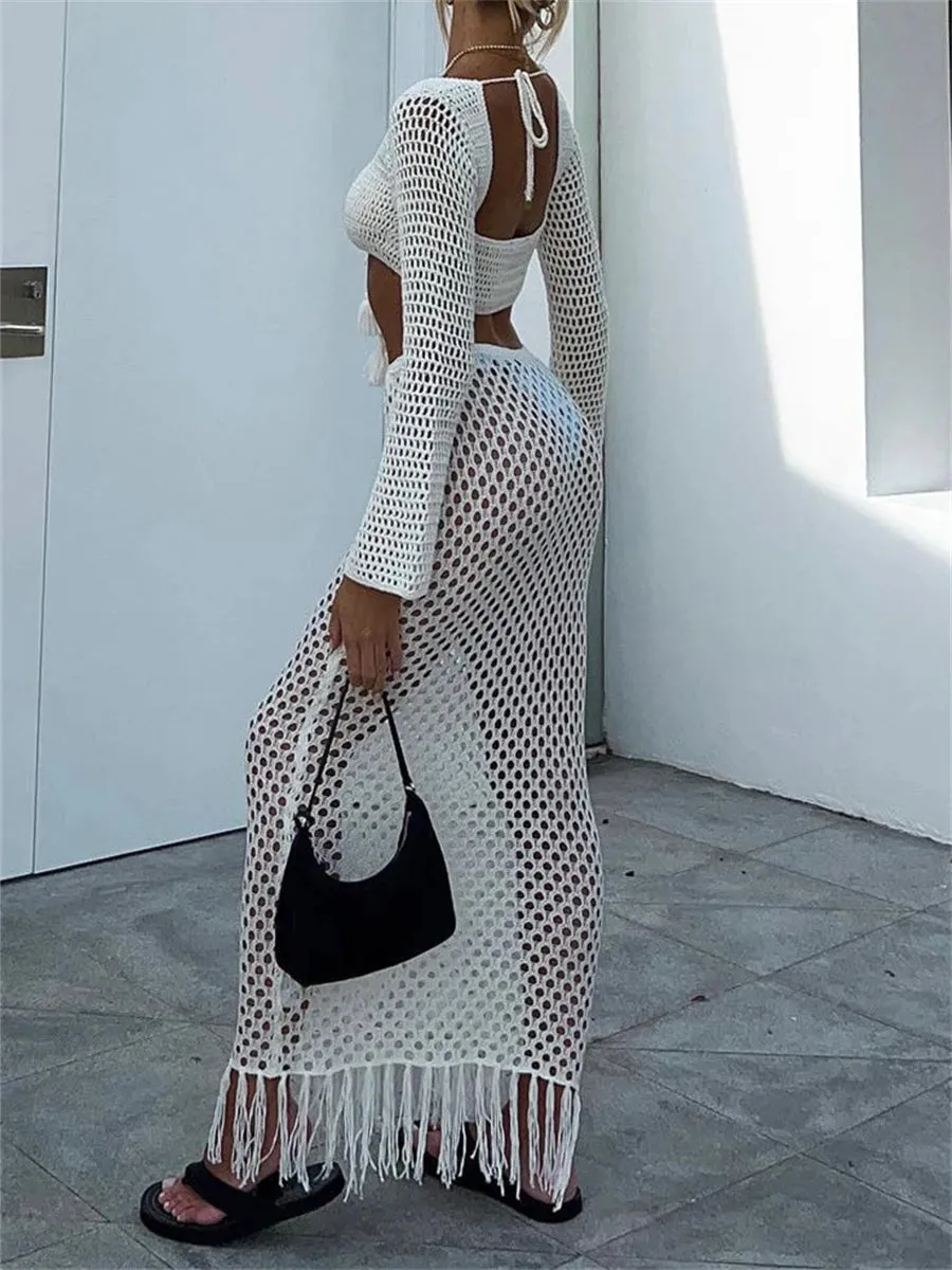 Hollow Out Crochet Knit 2Pieces Beach Suits Women's Summer Outfits Long Sleeve Lace-up Crop Tops High Waist Long Skirts