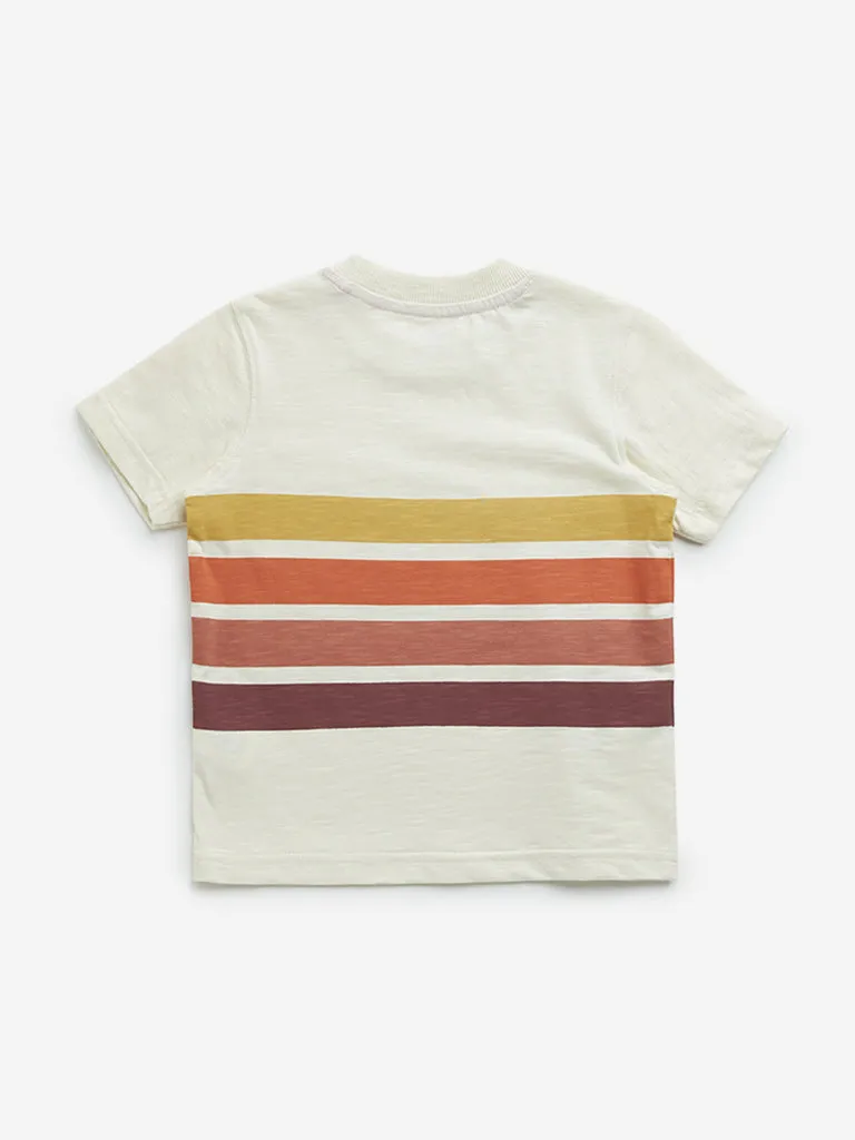 HOP Kids Beige Stripe Printed Cotton T-Shirt