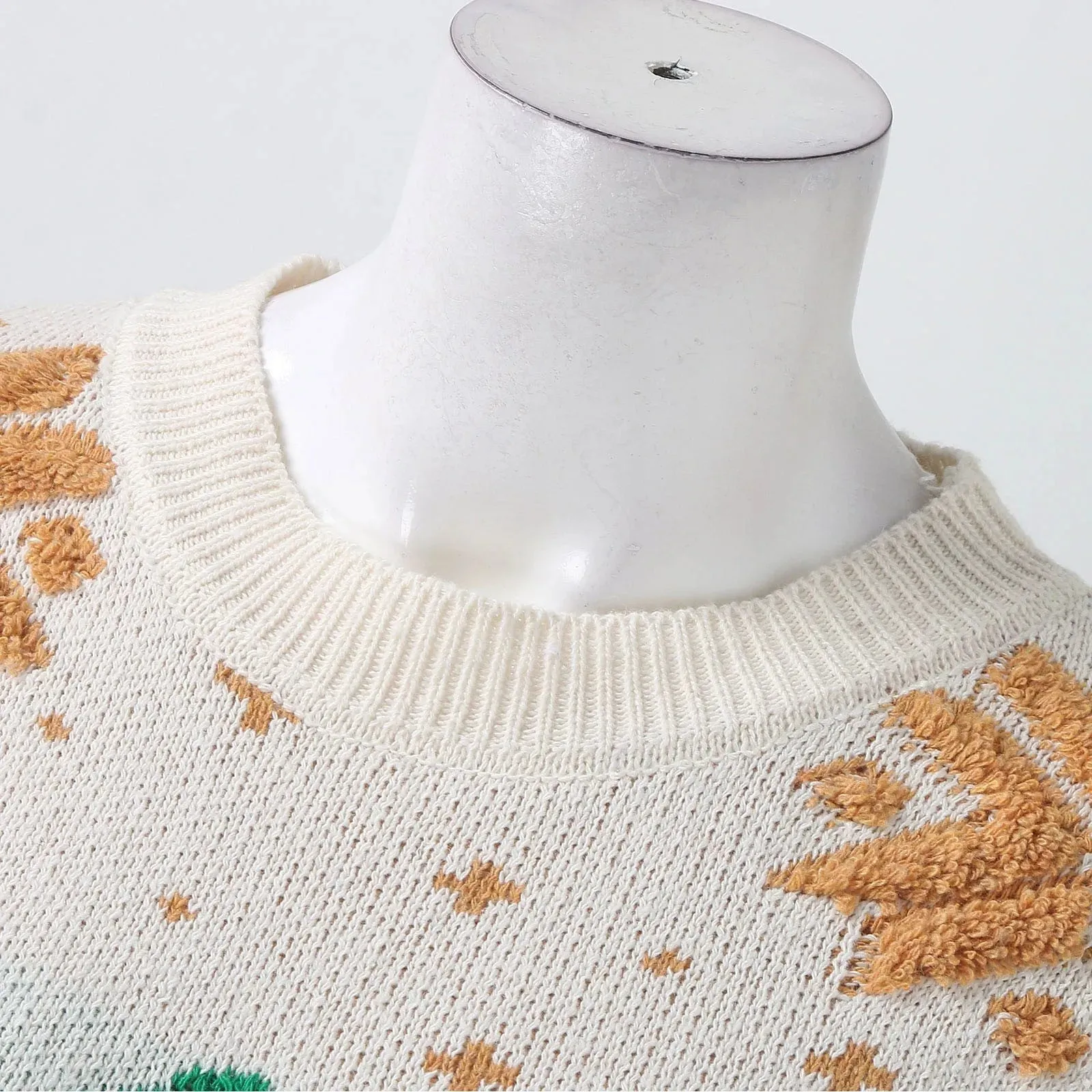 Knitted Spliced Vintage Loose Round Neck Long Sleeve Christmas Sweater