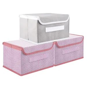 Kuber Industries Drawer Storage Box | Foldable Dhakkan Storage Box | Non-Woven Clothes Organizer For Toys | Storage Box with Handle | Small | Pack of 3 | Pink & Gray