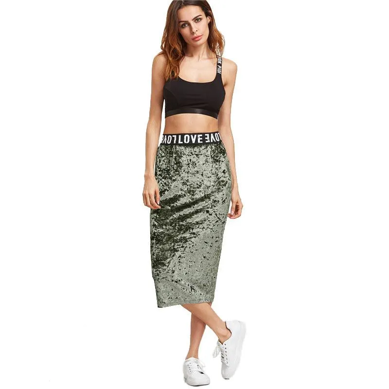 Letters Print Green Pencil Skirt