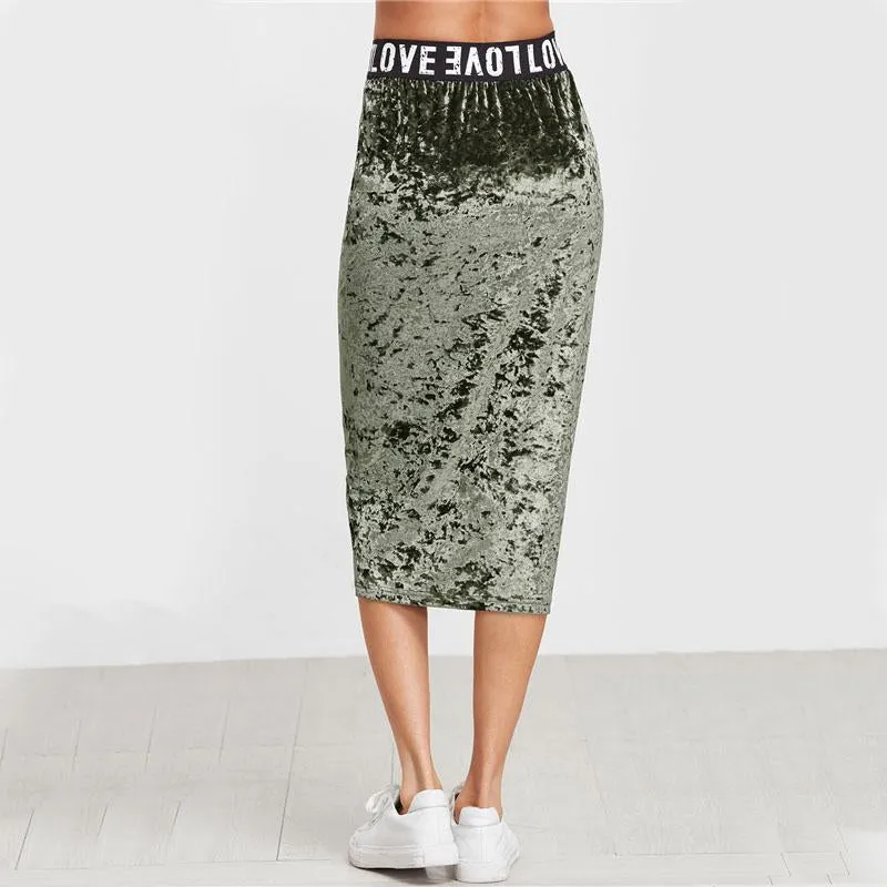 Letters Print Green Pencil Skirt