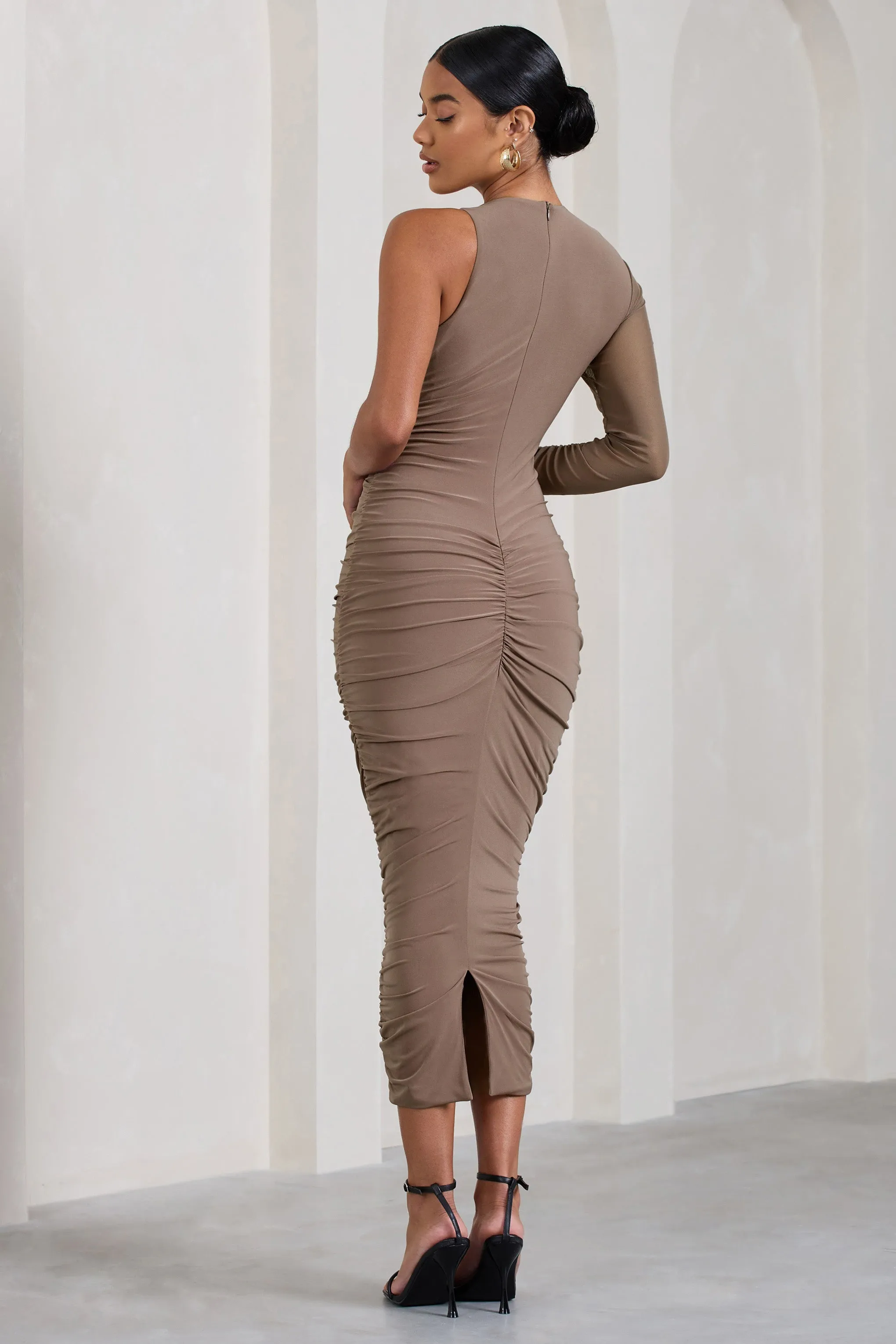 Luciene | Mocha Ruched Asymmetric Bodycon Midi Dress With Sheer Sleeve