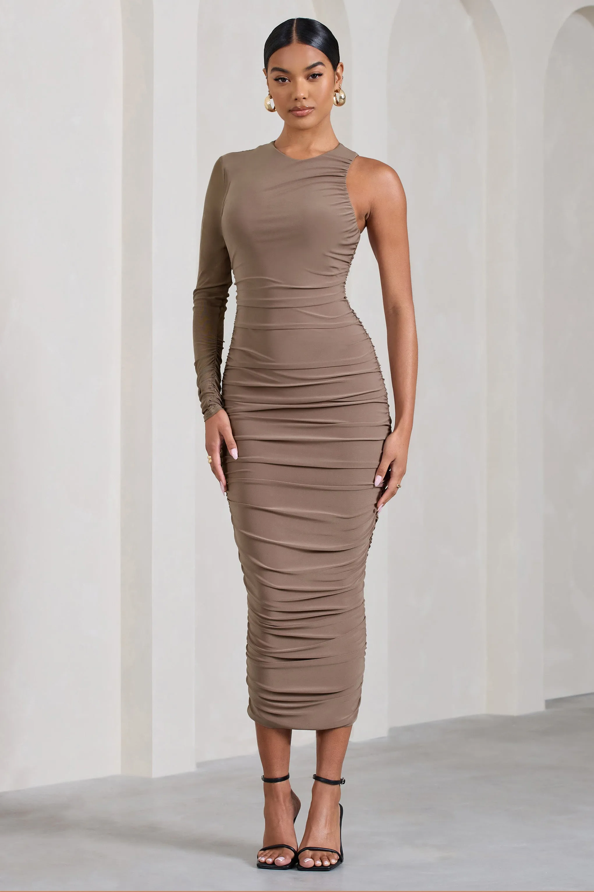 Luciene | Mocha Ruched Asymmetric Bodycon Midi Dress With Sheer Sleeve