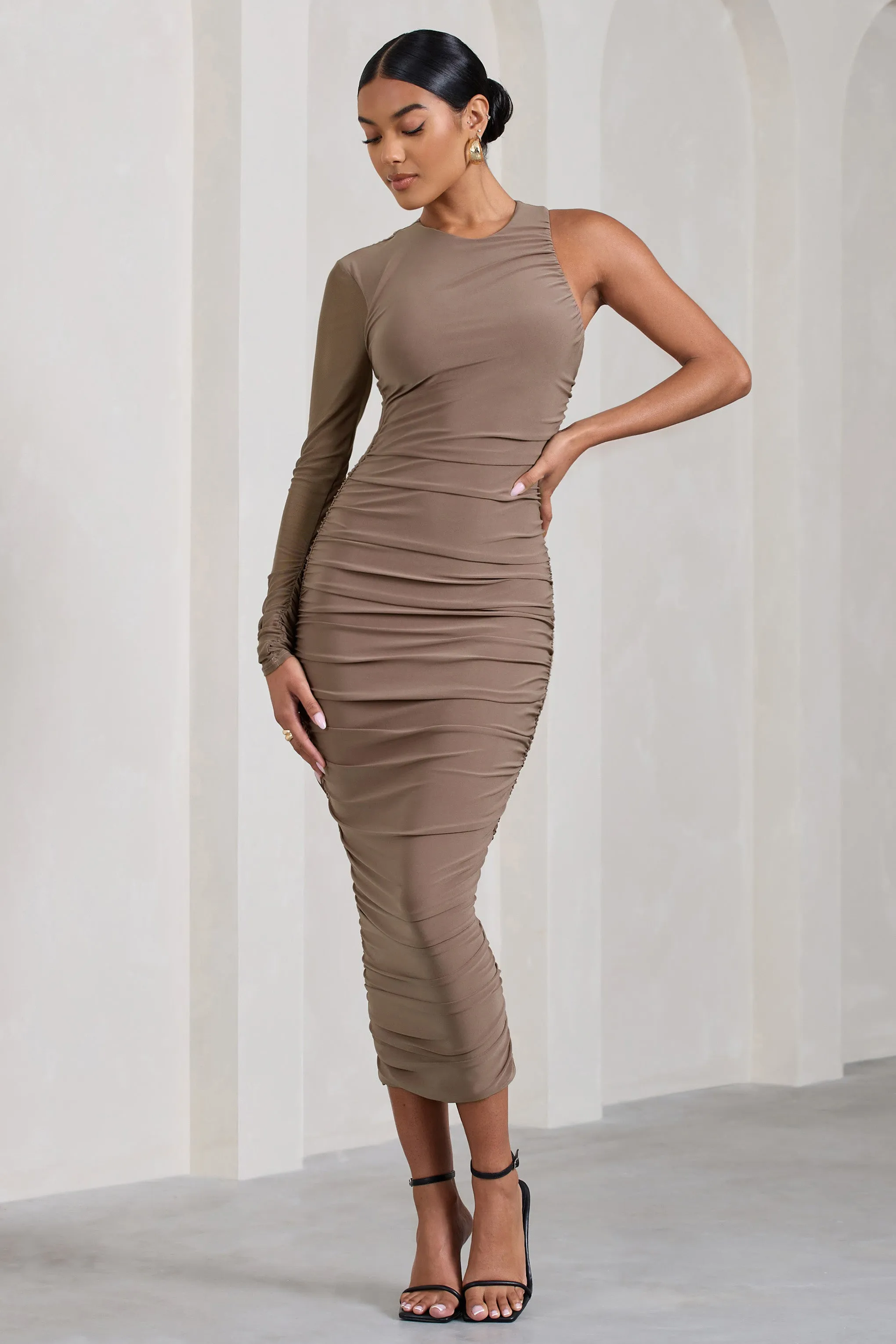 Luciene | Mocha Ruched Asymmetric Bodycon Midi Dress With Sheer Sleeve