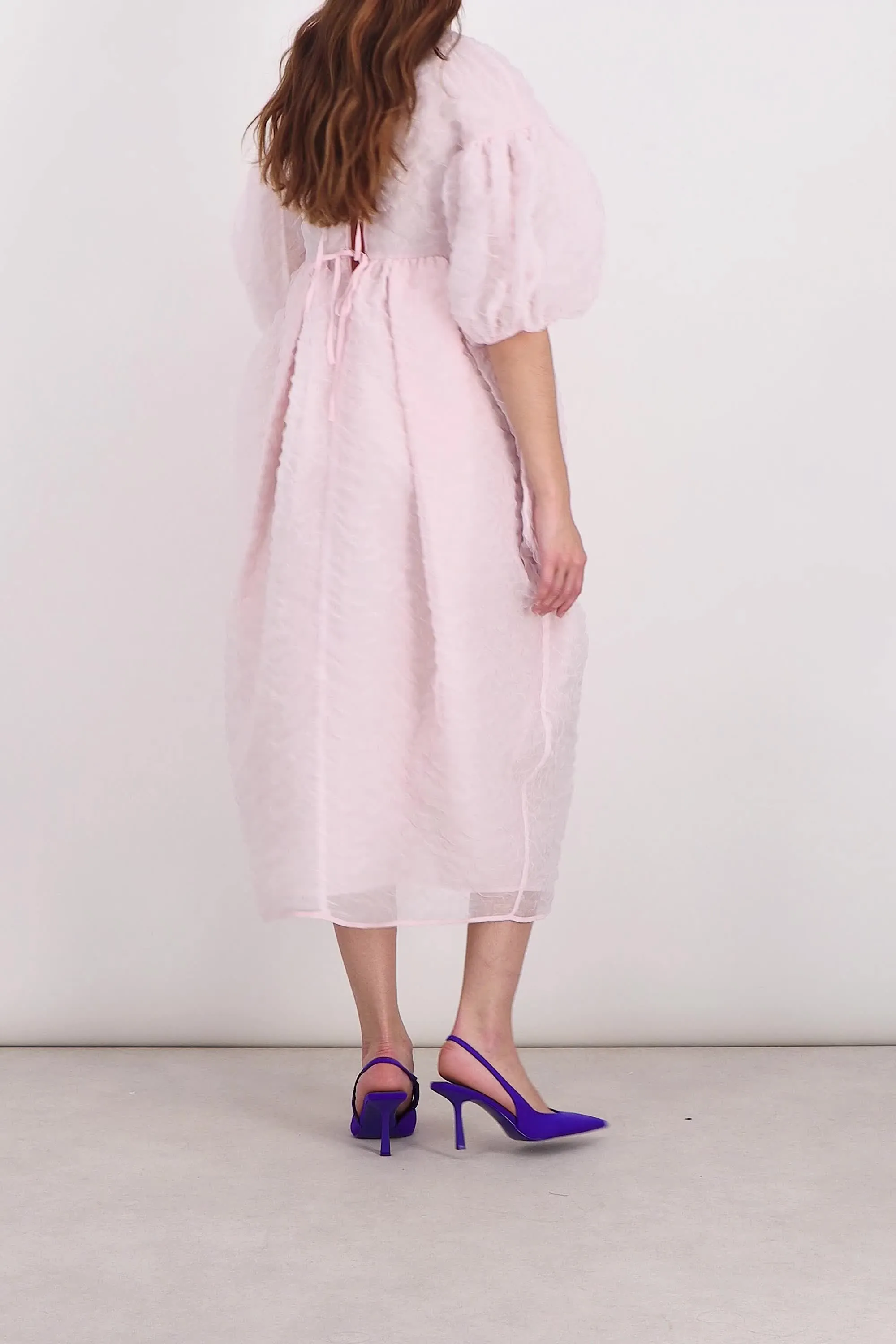 Matelassé puff sleeve midi dress with tulip skirt