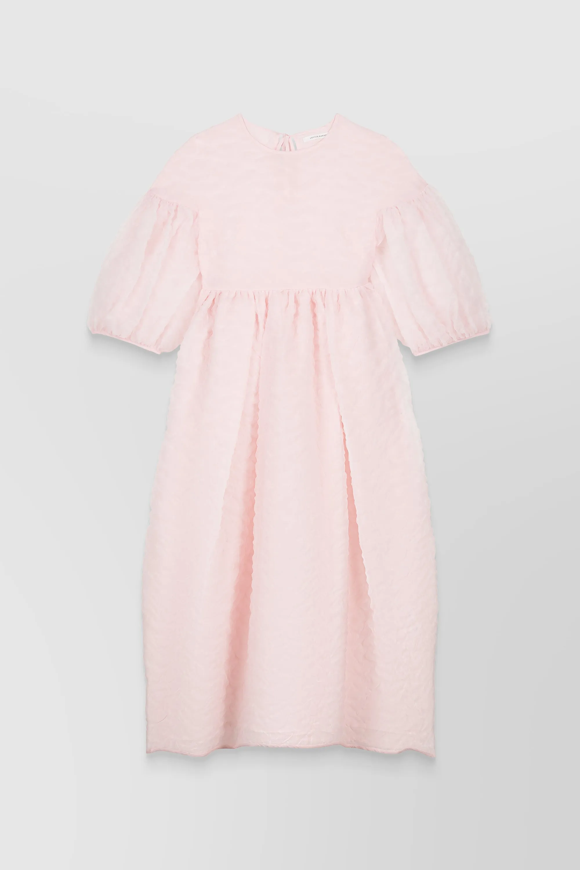 Matelassé puff sleeve midi dress with tulip skirt