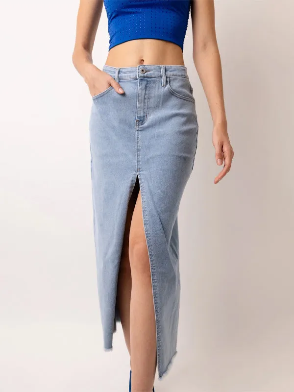 Maya Open Split Denim Midi Skirt: Blue