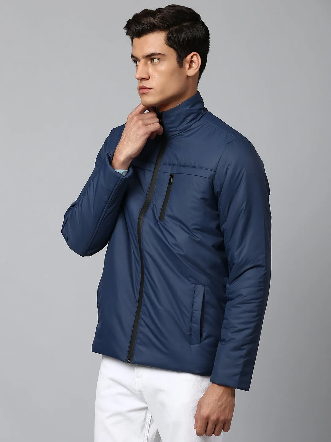 Men's Long-Sleeve Graphic Puffer Jacket - Water-Resistant Lightweight Casual Winterwear  (Navy)