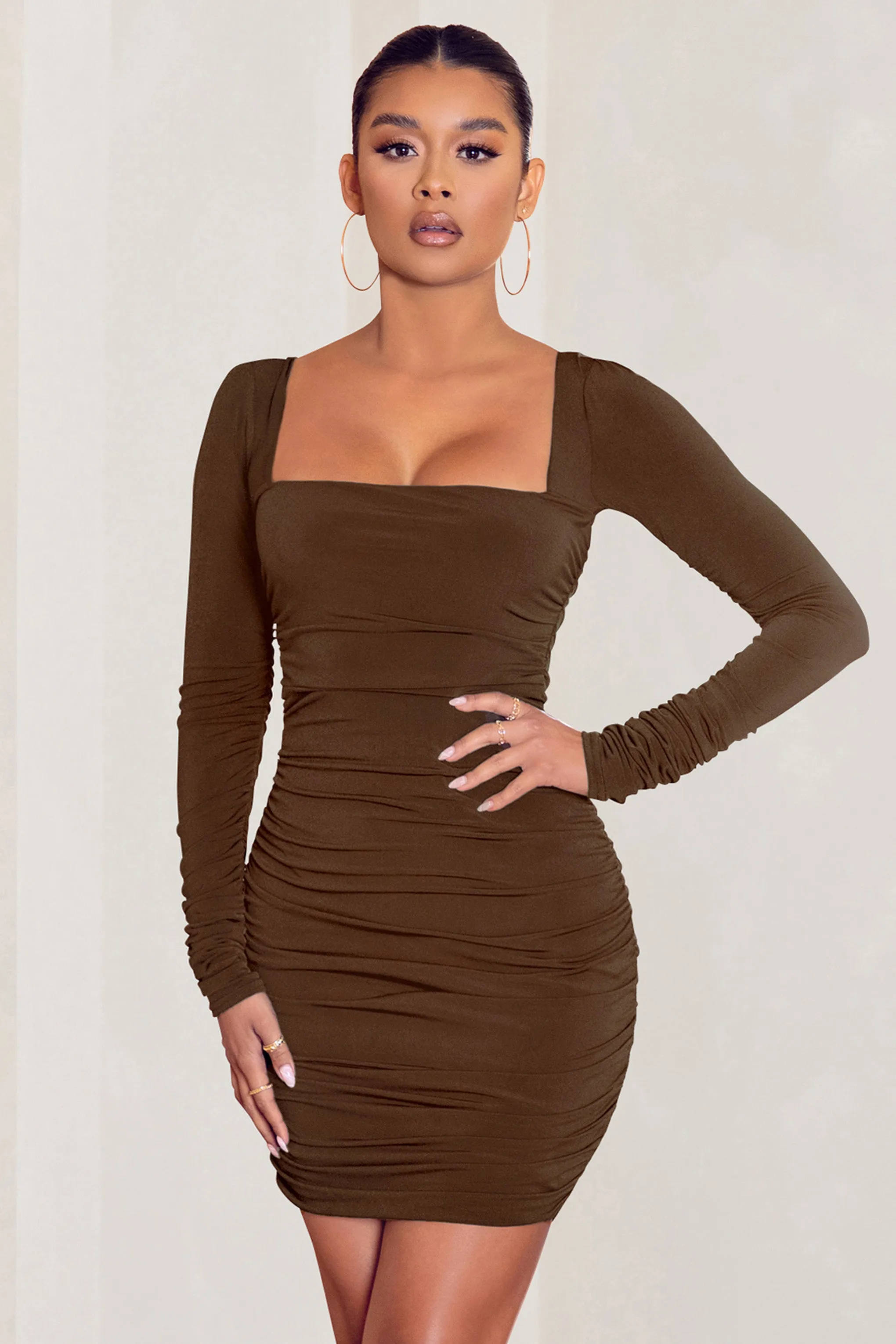 Muse | Chocolate Long Sleeve Square Neck Ruched Mini Dress