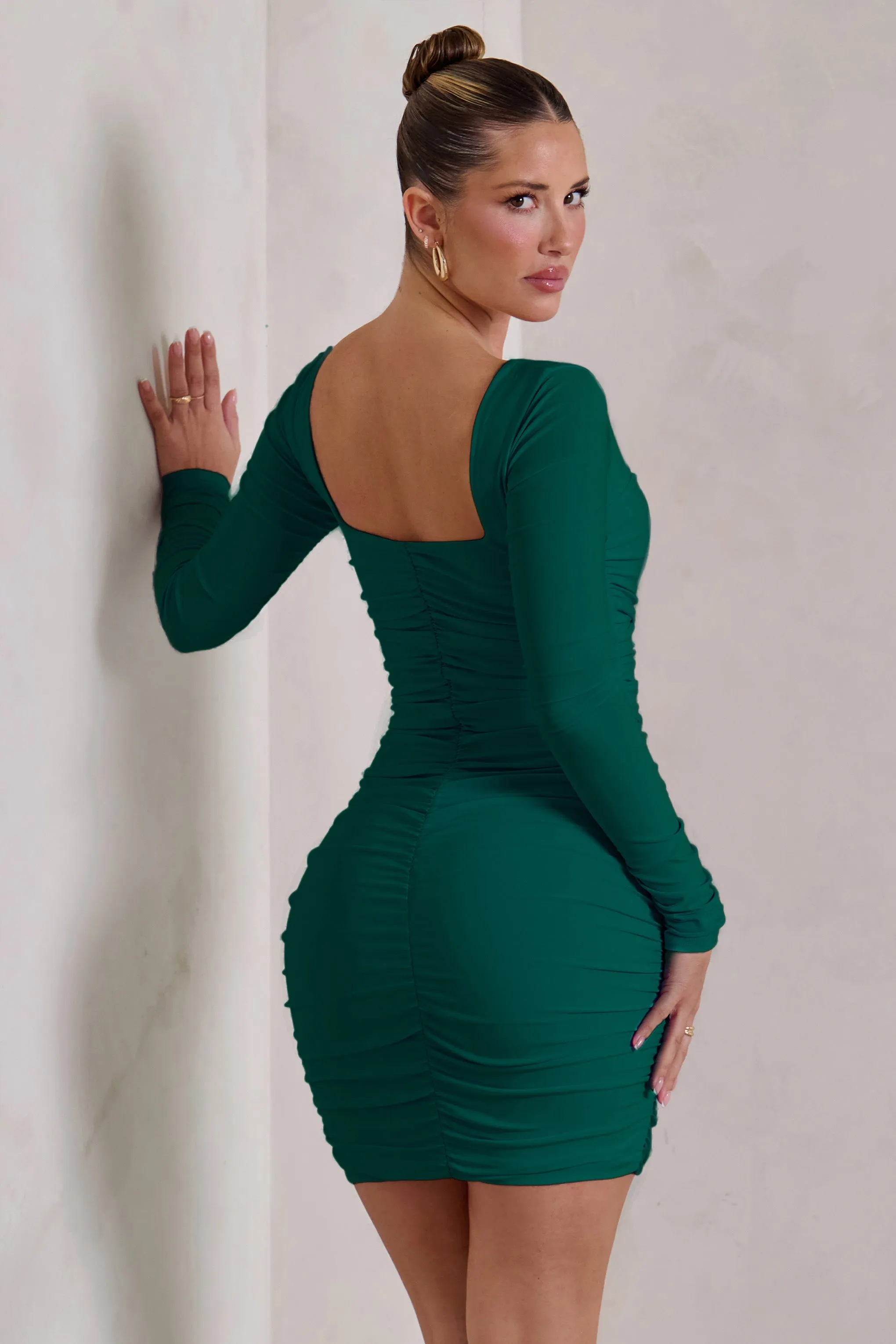 Muse | Green Long Sleeve Square Neck Ruched Mini Dress