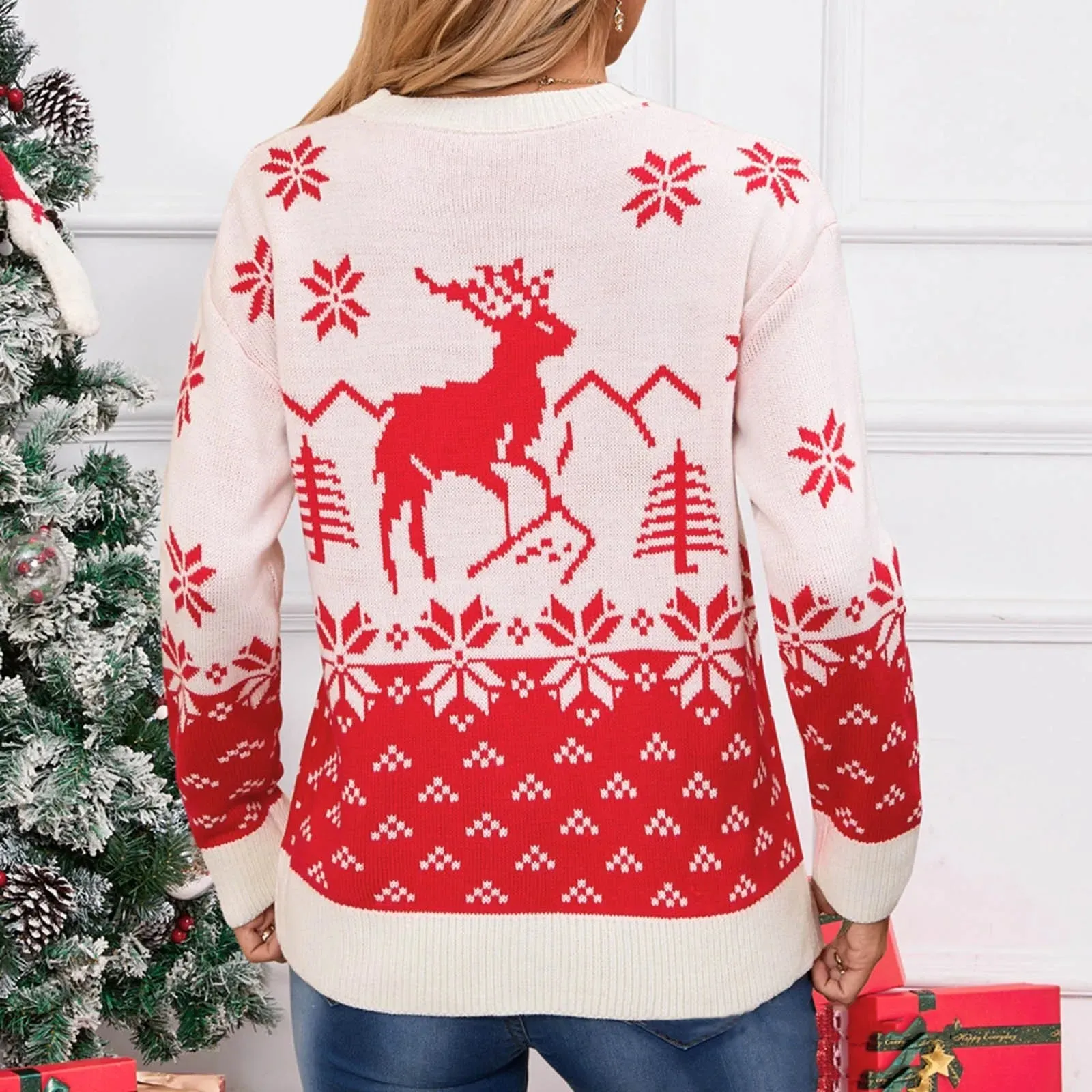 Snowflake Printed Long Sleeve O Neck Ladies Jumper Christmas Sweater