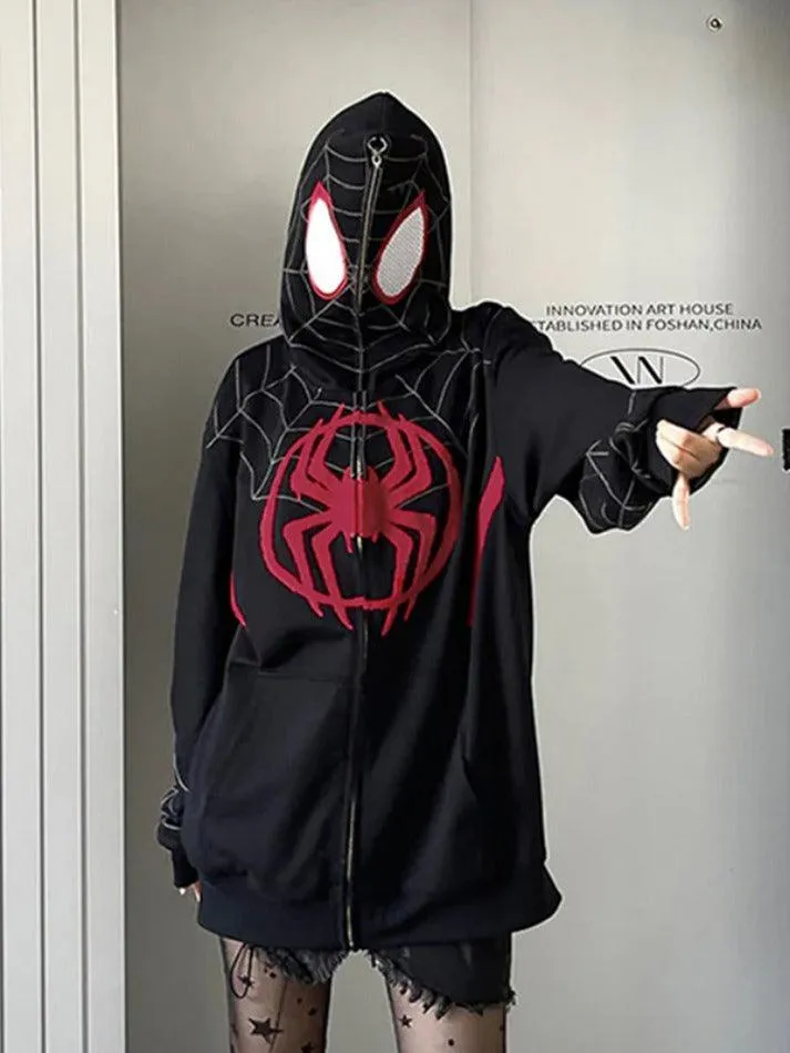 Spider Print Full Zip Oversized Hoodie