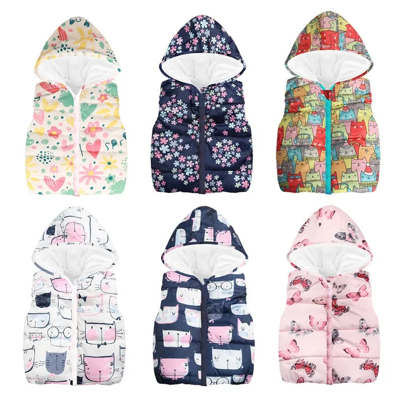 Trendy Autumn/Winter Warm Sleeveless Print Jackets With Hood For Kids