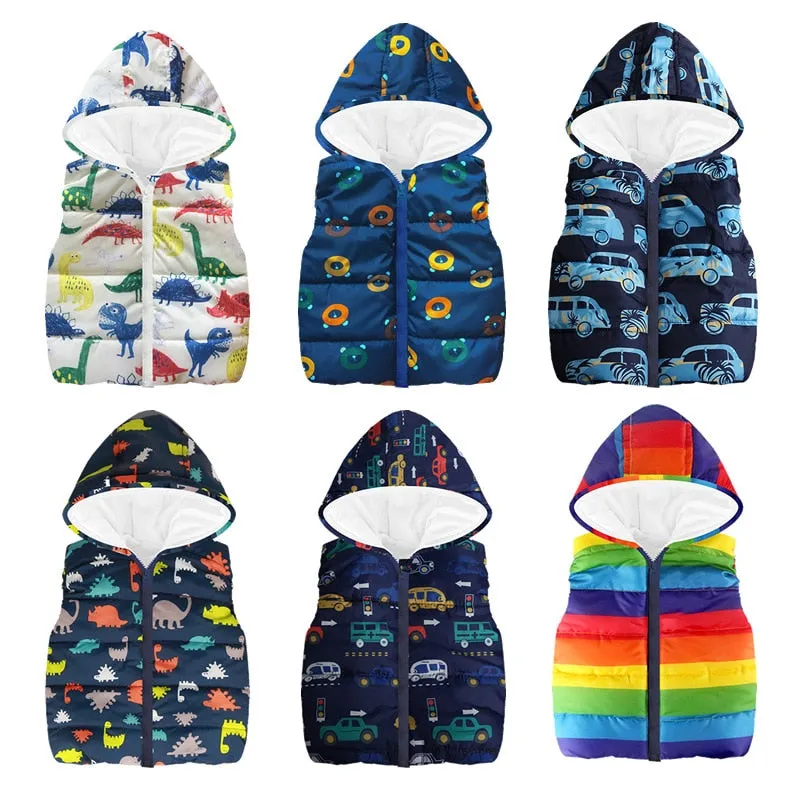 Trendy Autumn/Winter Warm Sleeveless Print Jackets With Hood For Kids