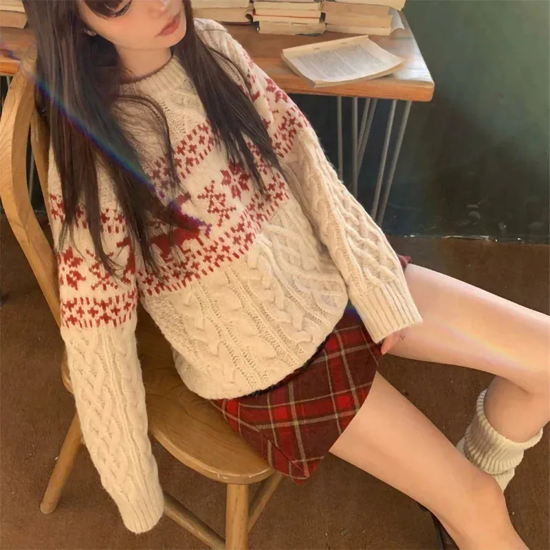 Wenkouban-Christmas Thanksgiving outfits_Christmas Round Neck Autumn Winter Lazy Style Fashion Loose Knitted Christmas Sweater