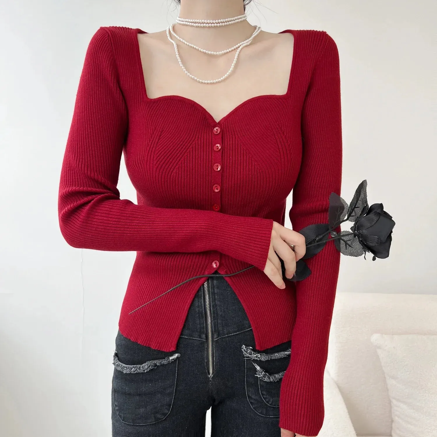 Wenkouban-Christmas Thanksgiving outfits_Vintage Long Sleeve Square Collar Slim Fashion Red Christmas Sweater