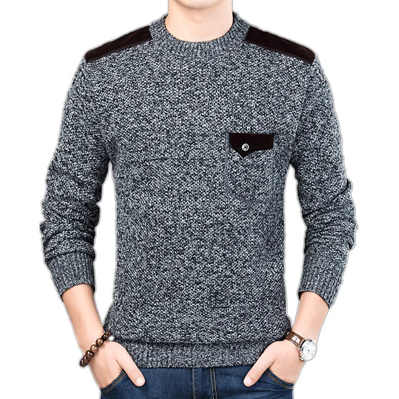 Western style round neck long sleeve men's thick winter chest pocket sweater