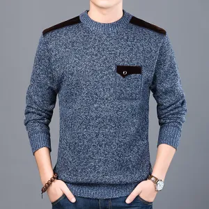 Western style round neck long sleeve men's thick winter chest pocket sweater