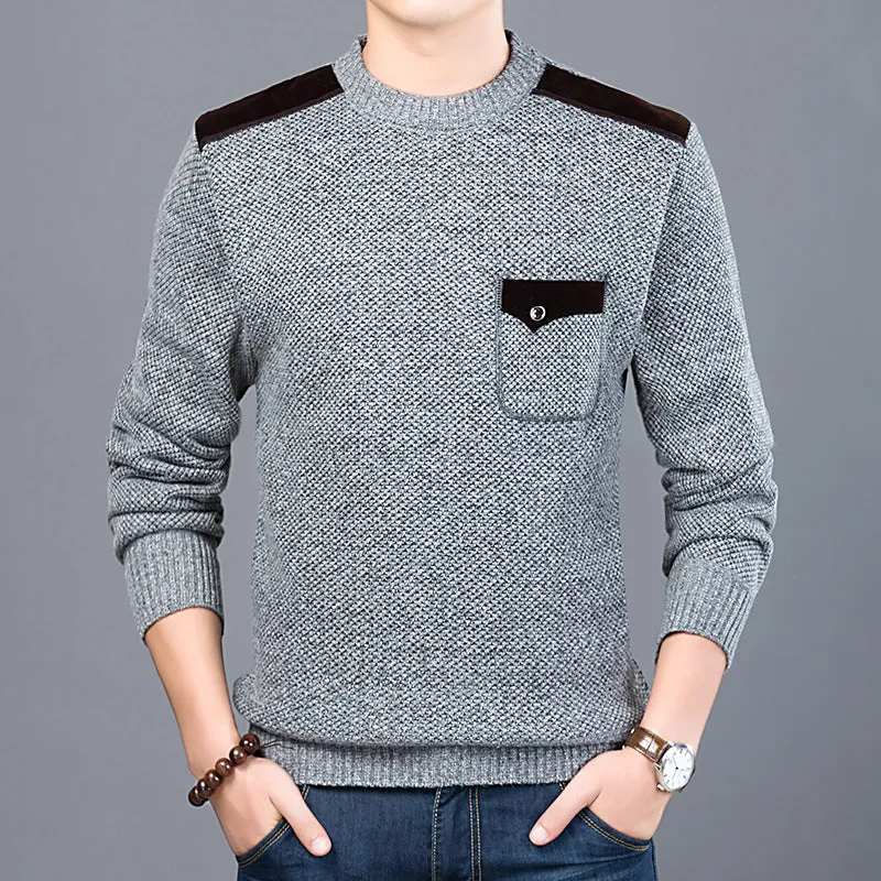 Western style round neck long sleeve men's thick winter chest pocket sweater