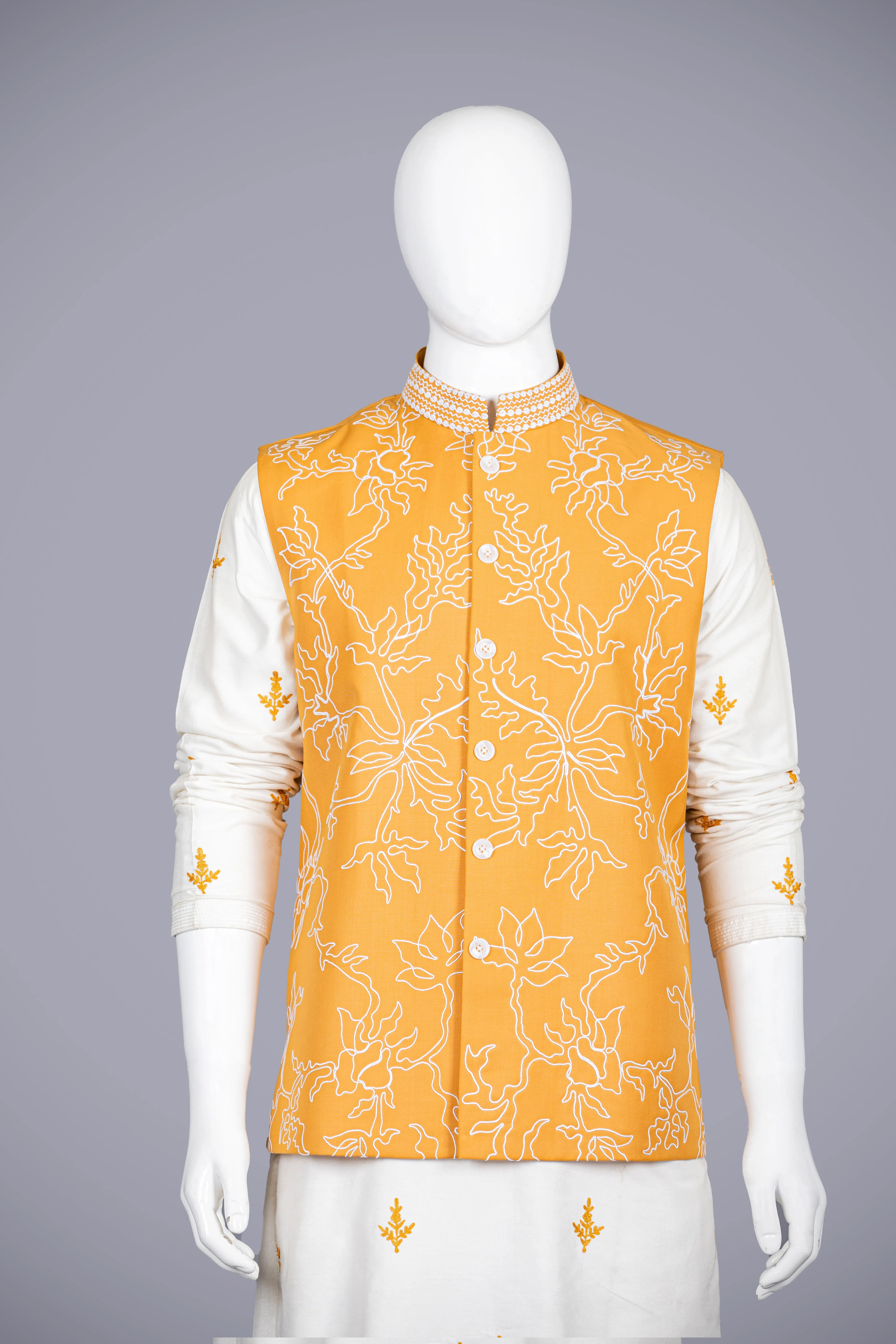 White Mustard Pure Silk Men's Jacket Set with Dori Work