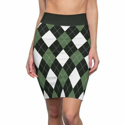 Womens Pencil Skirt, Green And White Argyle Stretch Mini, S510537