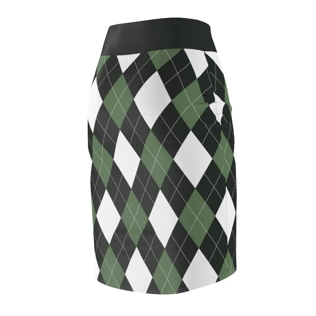 Womens Pencil Skirt, Green And White Argyle Stretch Mini, S510537