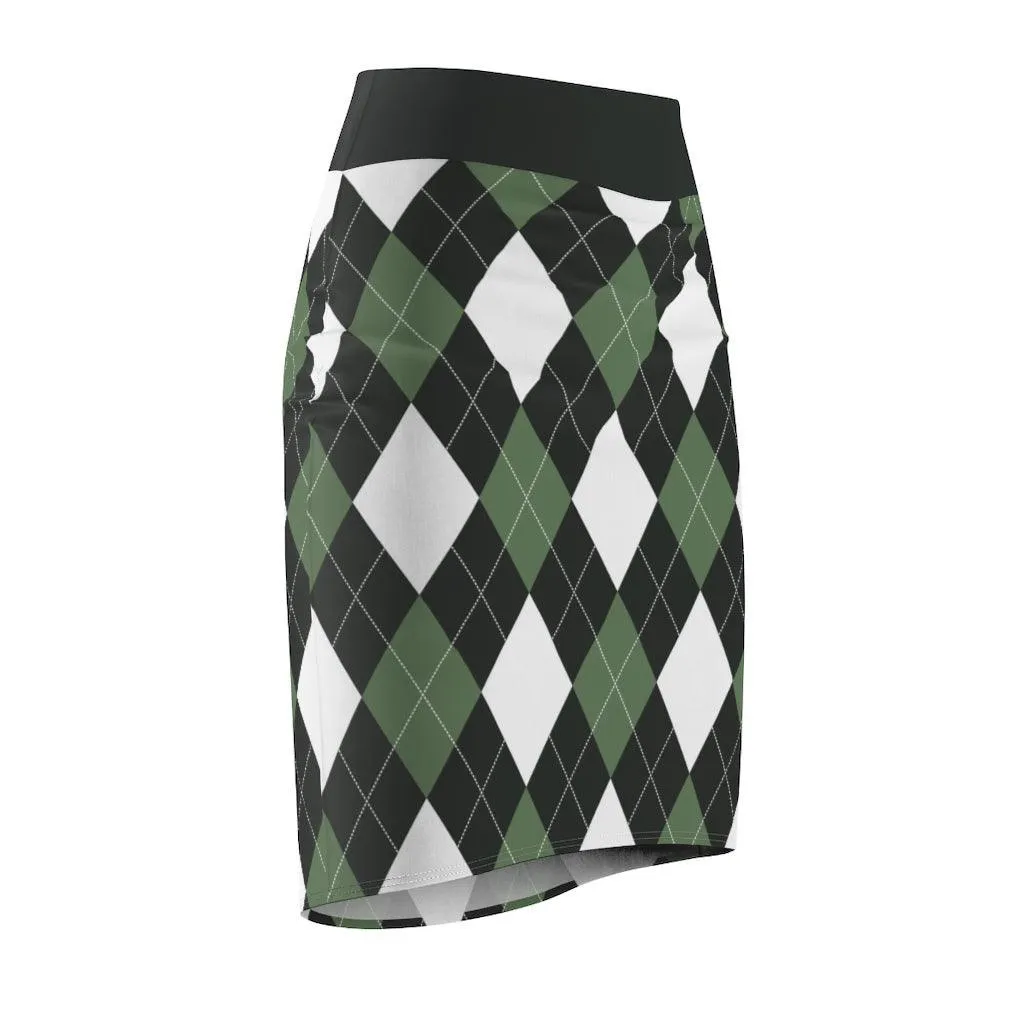 Womens Pencil Skirt, Green And White Argyle Stretch Mini, S510537